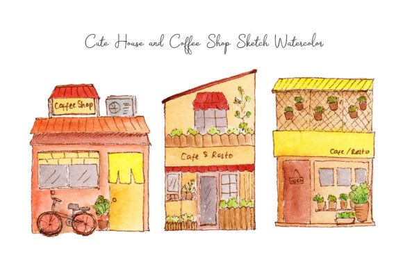 Download Building House &amp; Cafe Sketch Watercolor - Watercolor Collection