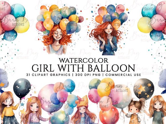 Download Watercolor Girl with Balloons Clipart - Watercolor Collection