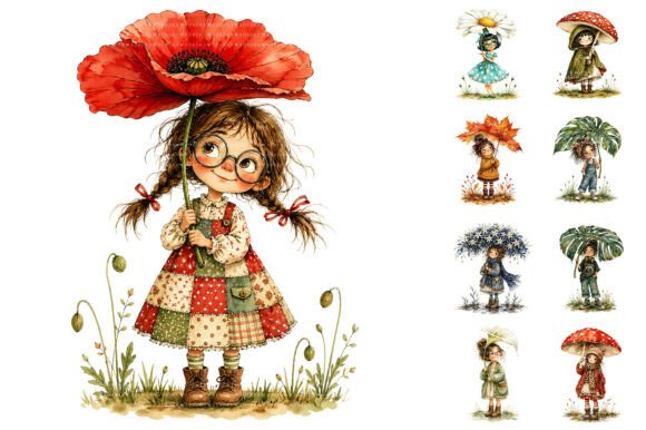 Download Watercolor Flower Umbrella Girls PNG - Watercolor Collection