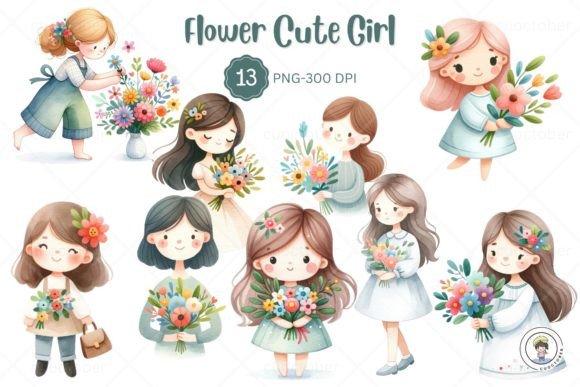 Download Watercolor Cute Girl Flower Clipart - Watercolor Collection